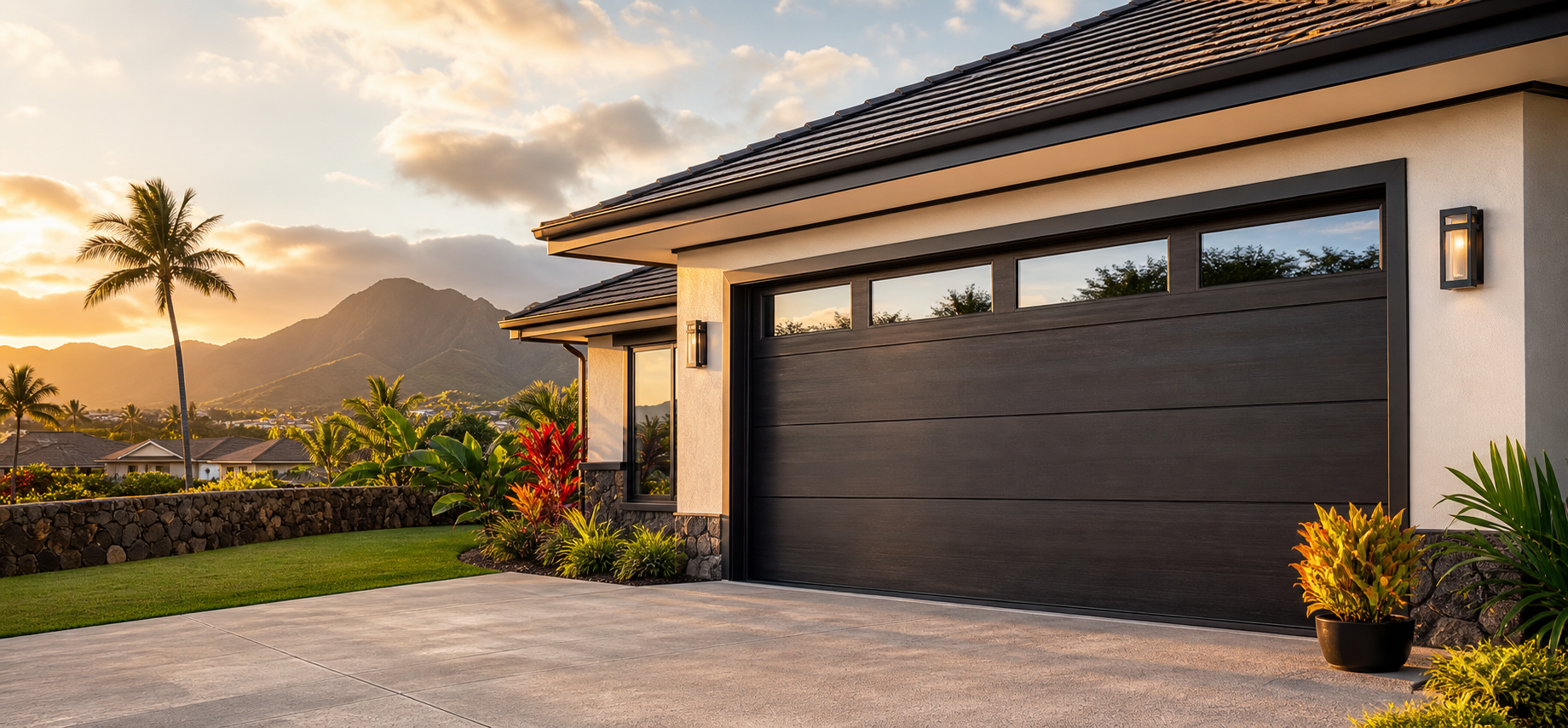 Premium Oahu home exterior with a dark garage door and clean driveway approach.